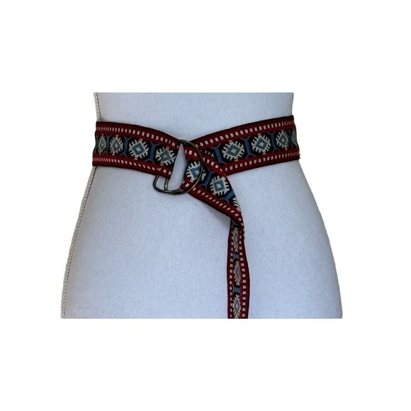 Vintage 70s red/black/blue Kim Craftsmen woven belt, D-rings, bohemian, hippie - Picture 1 of 3
